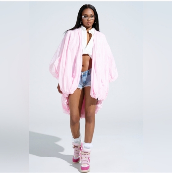 AKIRA Pink FLOATING NYLON Hi-Low Bubble Bomber Jacket SZ SM / MD - Picture 4 of 9